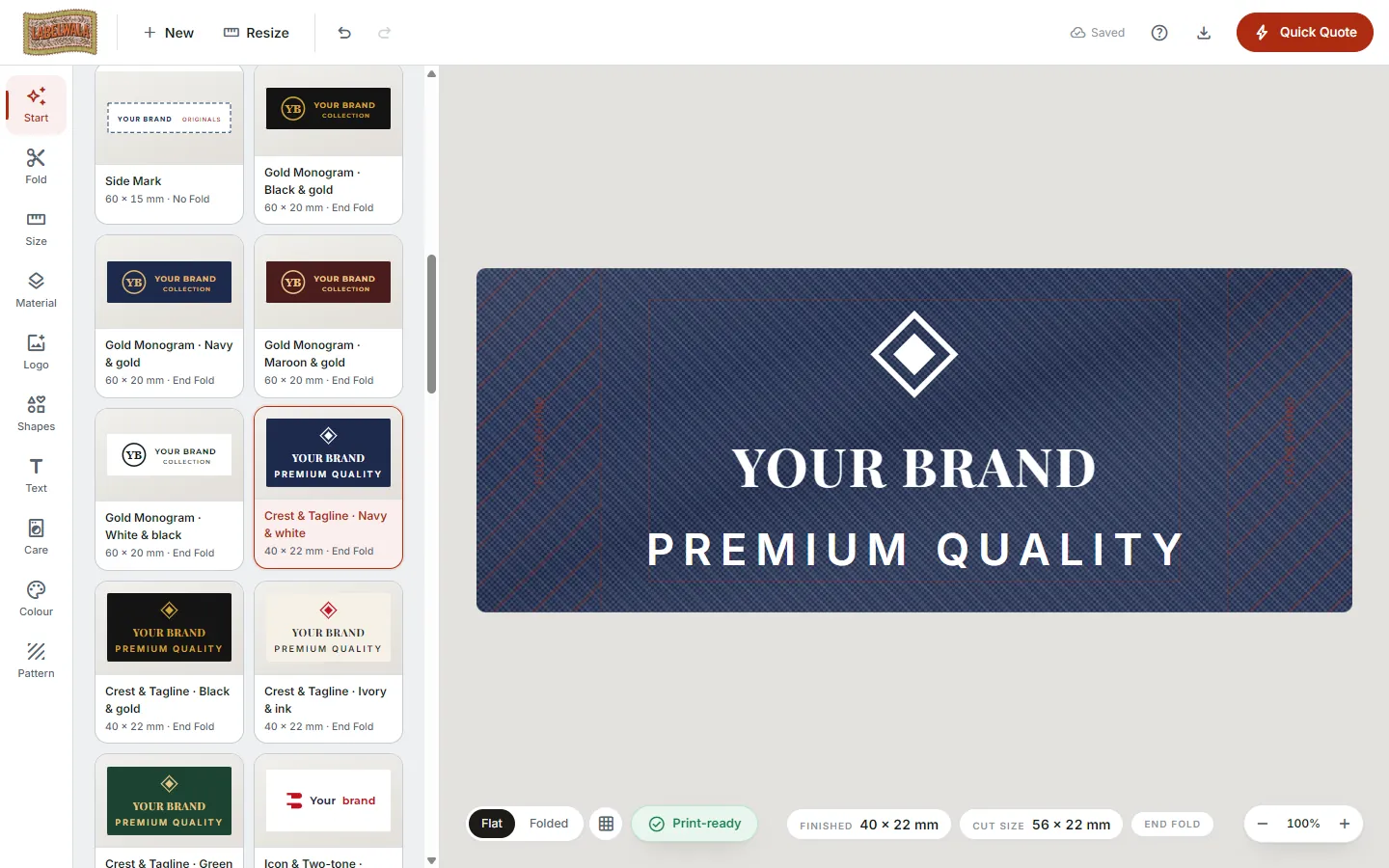The Start panel of the label designer with the brand-label templates and a navy crest label on the canvas