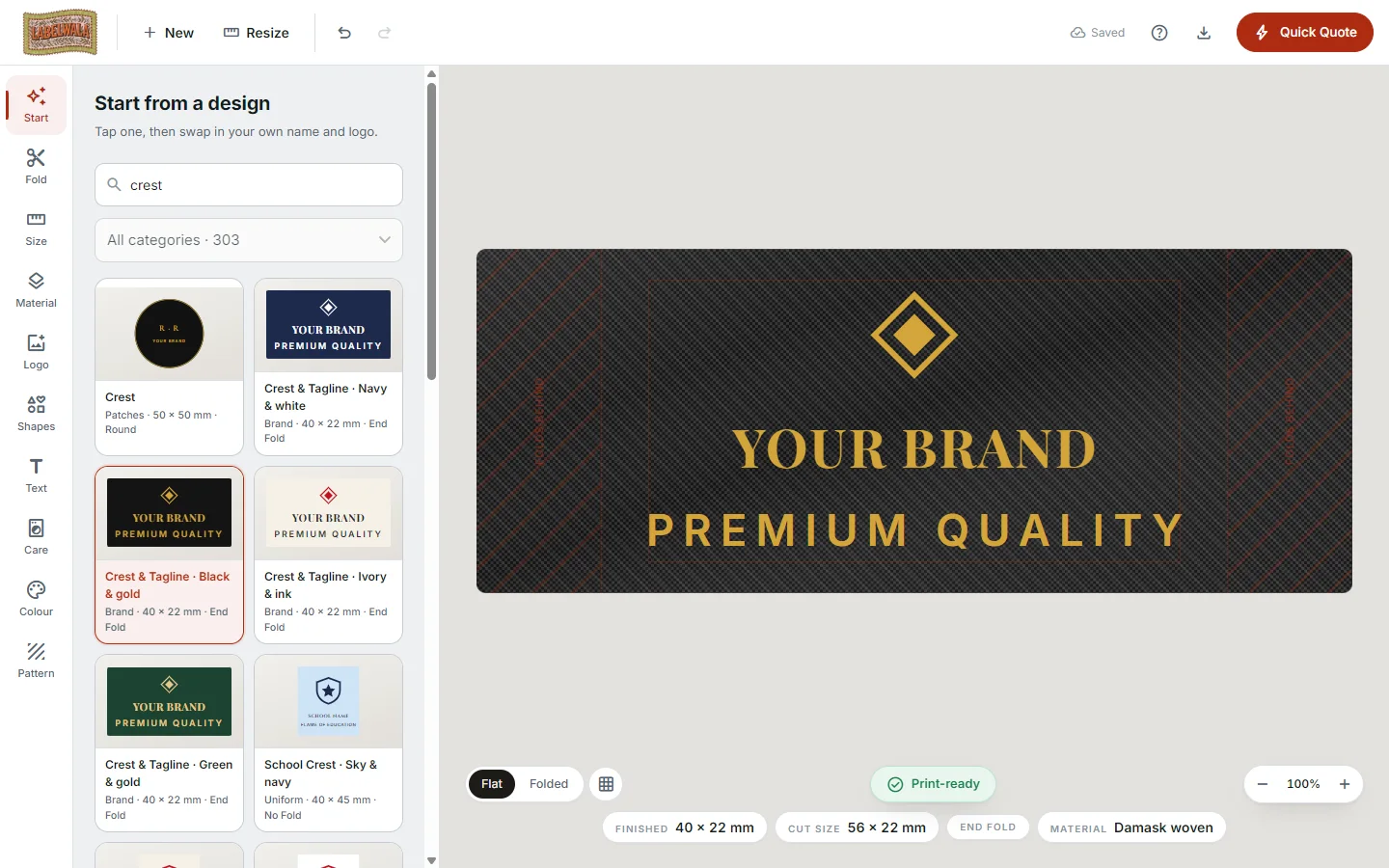 The designer's Start panel filtered by the search word crest, showing crest templates in several colourways, with the black and gold Crest and Tagline template open on the canvas