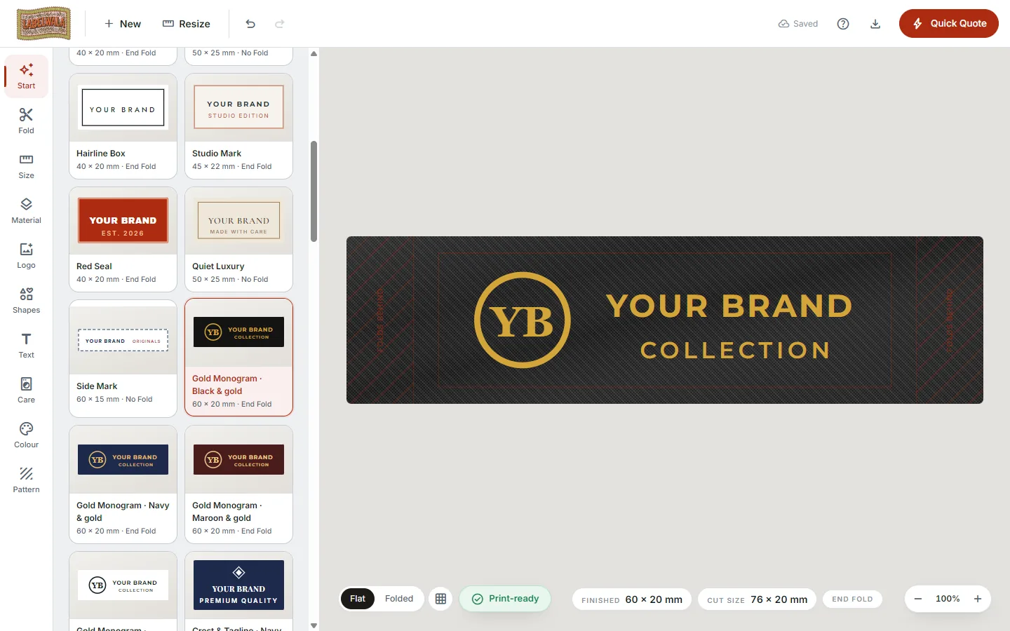 The Labelwala label designer with a black and gold woven brand label on the canvas and the template gallery on the left