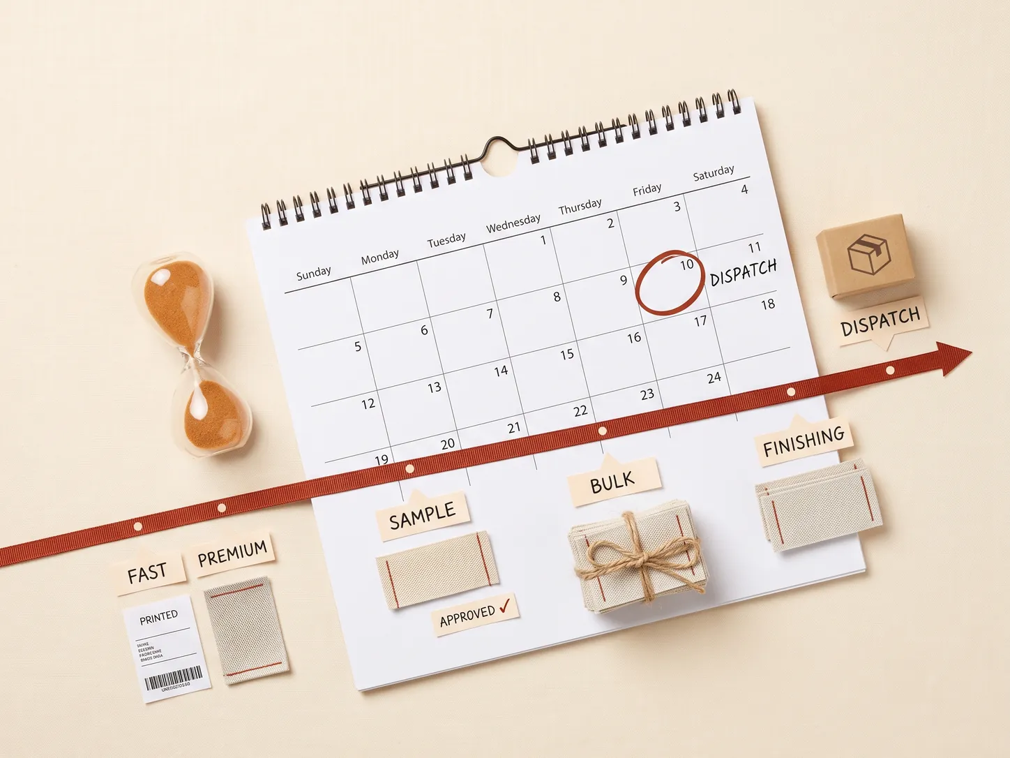 Label production turnaround timeline: a wall calendar with the dispatch date circled, an hourglass and a milestone arrow marking the sample, bulk, finishing and dispatch stages with woven label samples