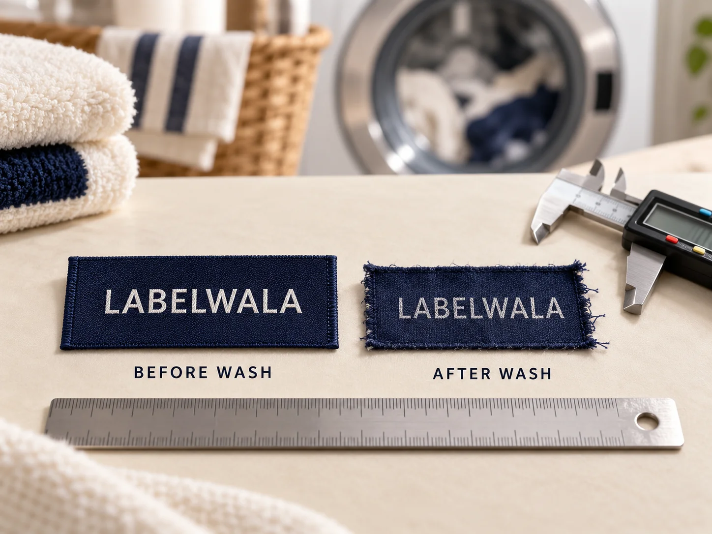 Label samples before and after washing beside a ruler and caliper for inspecting shrinkage, fading and edge wear.