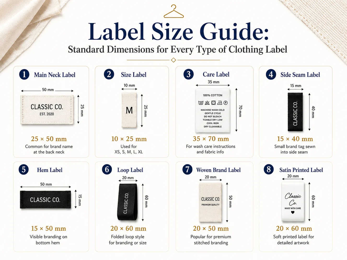 Labelwala Label Size Guide — millimetre dimensions reference chart covering neck labels, care labels, size tabs, hem tags, woven and printed patches, ribbons, name tapes and heat-press transfers