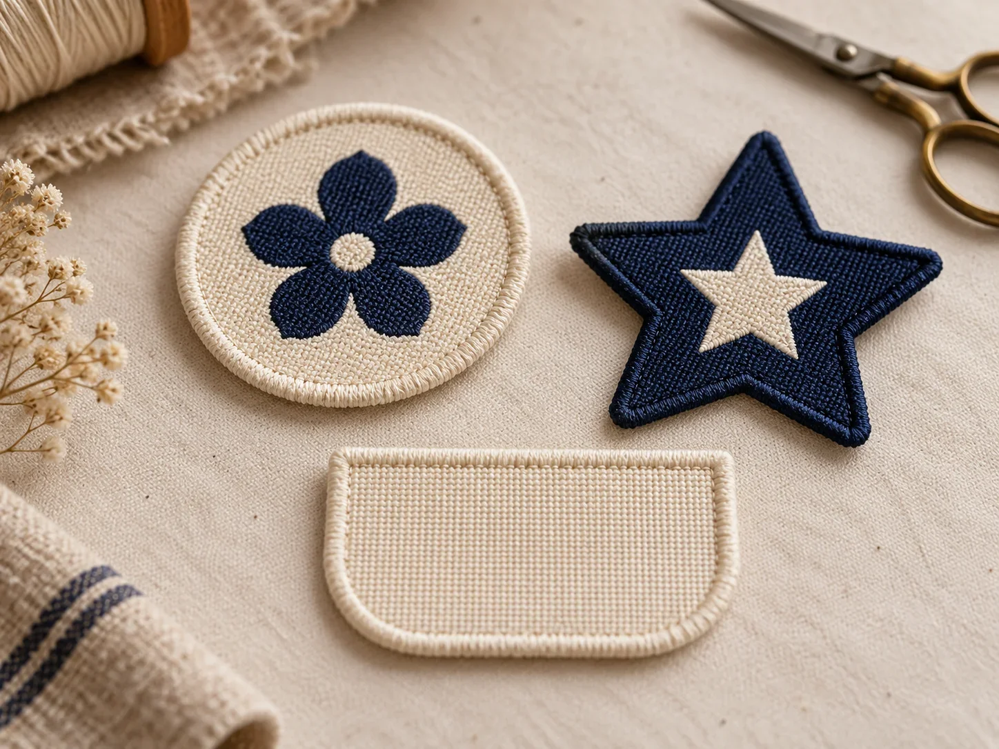 Photographed round, star-shaped and curved-edge woven patches with clean cut edges.