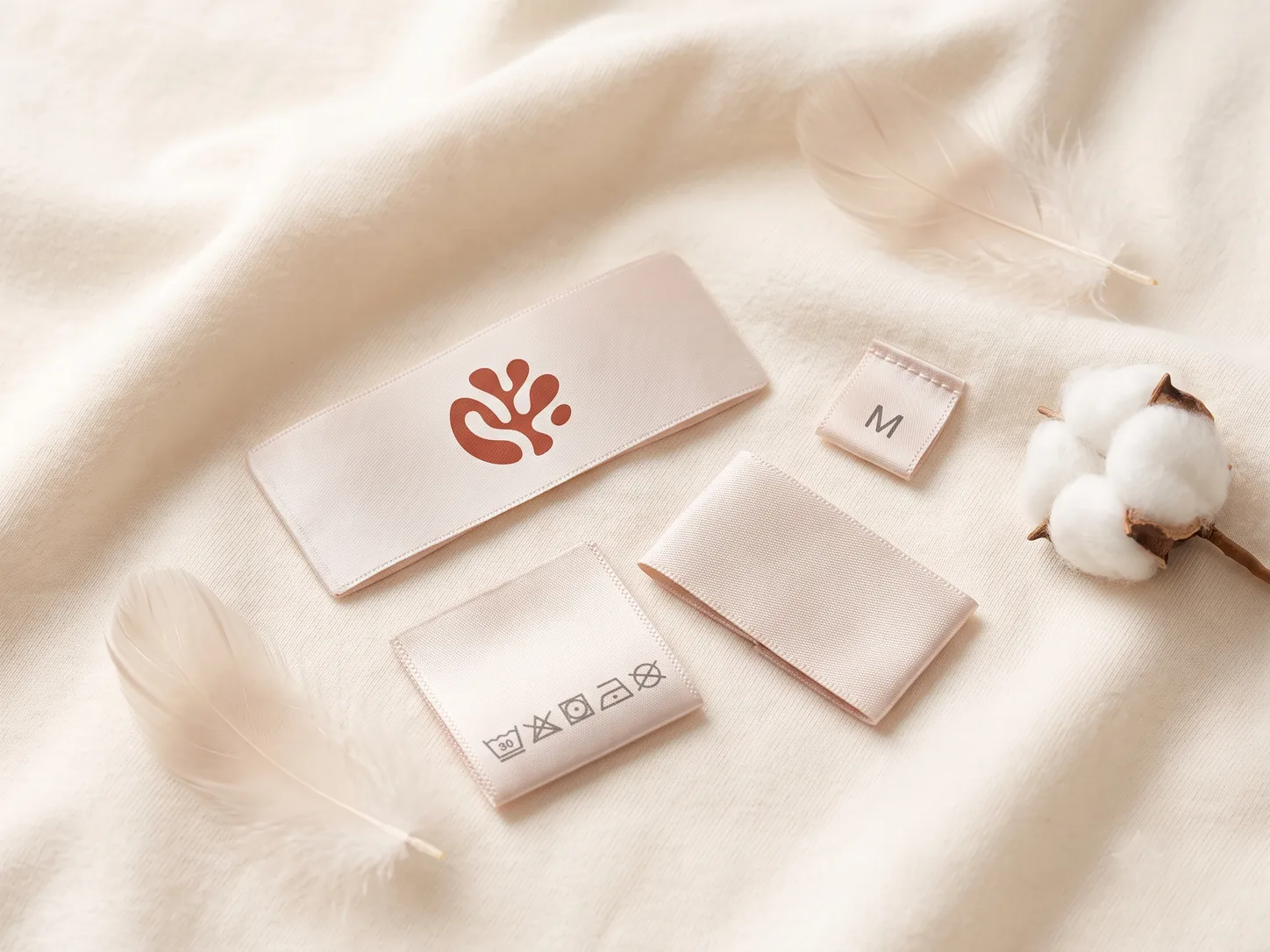 Soft satin labels for loungewear and innerwear on cream jersey: a brand label with a coral leaf logo, an M size tab and a satin wash-care label, styled with feathers and cotton bolls