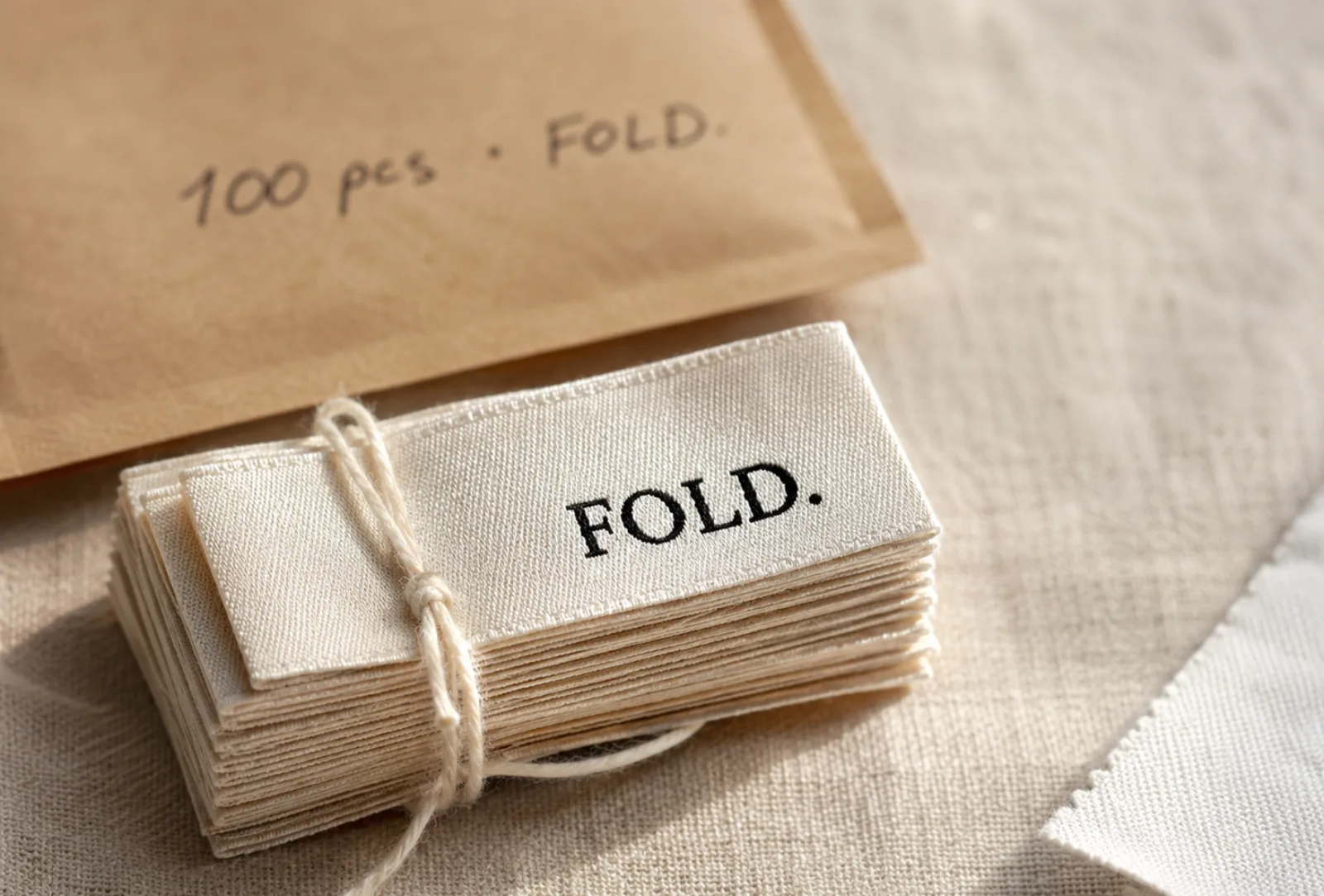 Bundle of 100 cream FOLD. printed satin labels tied with twine on a linen background, beside a kraft paper envelope hand-labelled 100 pcs · FOLD. — example of a small low-MOQ label order for a first-time D2C brand