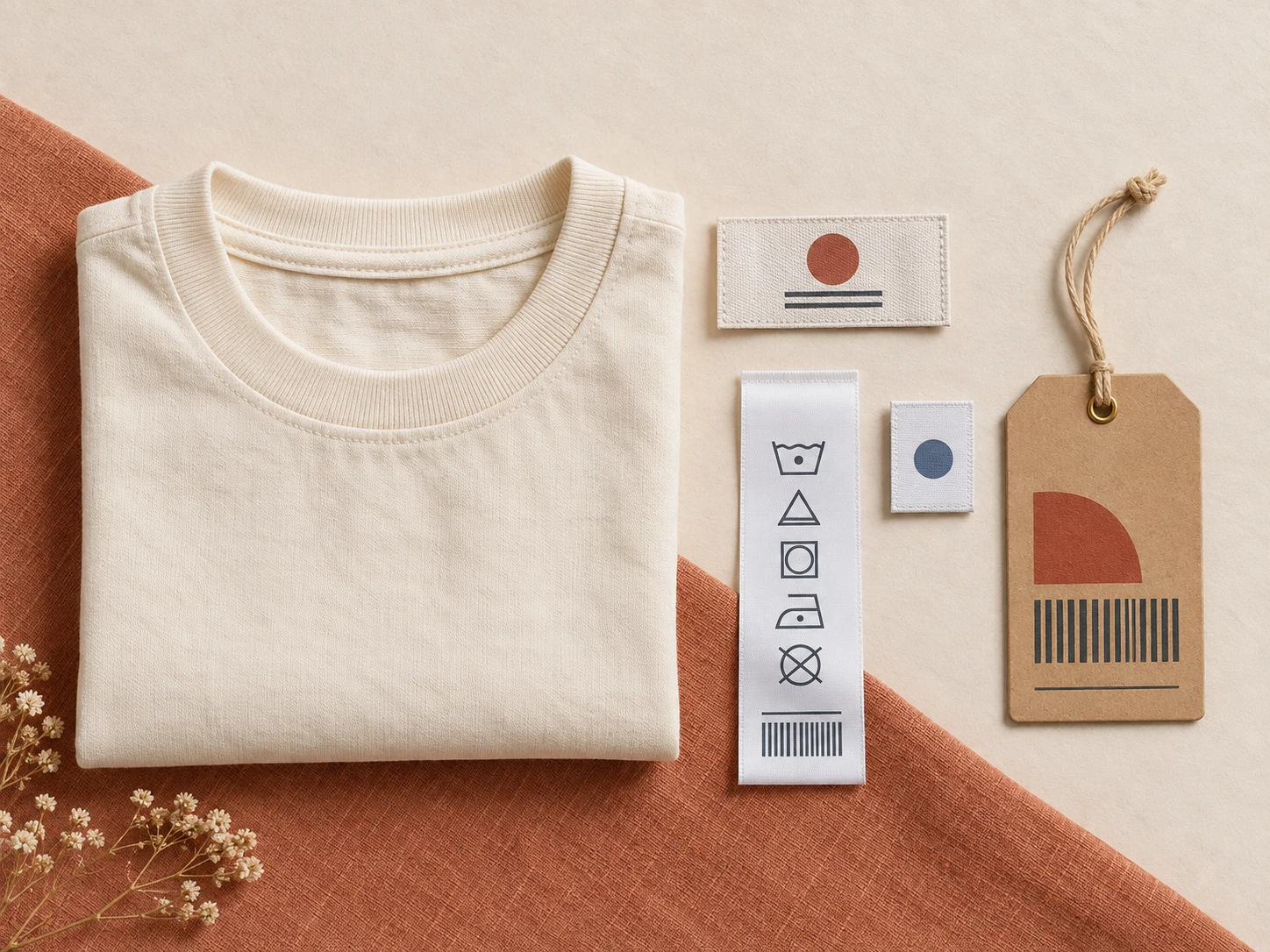 Folded cream garment with a woven brand label, care label, size tab and hang tag for marketplace apparel compliance