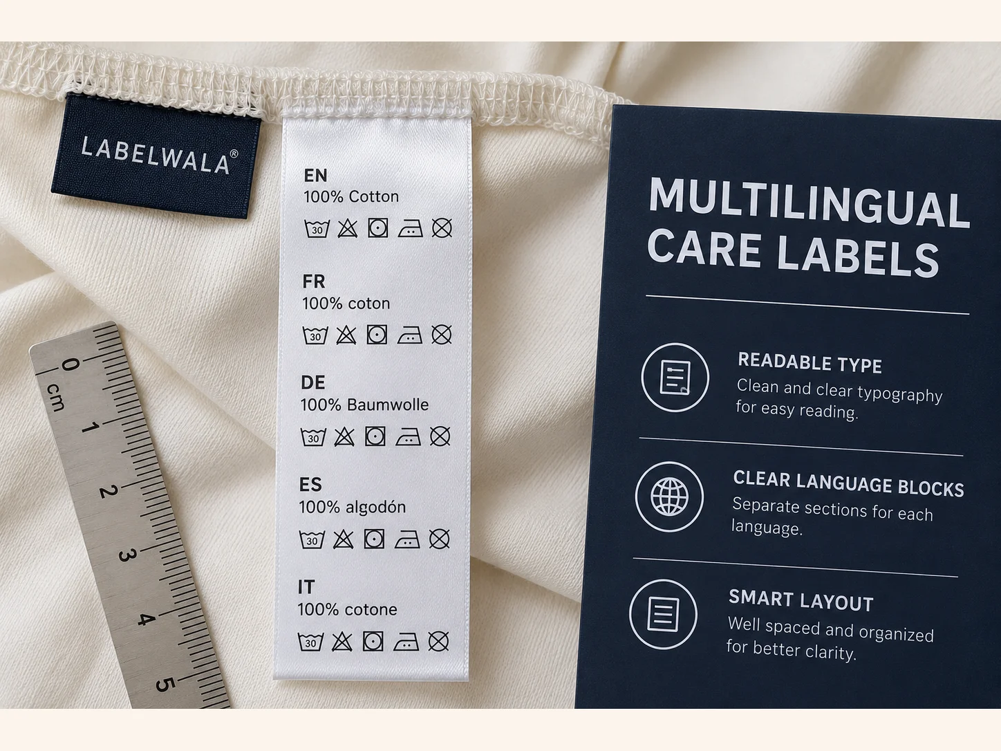 White satin label with English, French, German, Spanish and Italian cotton-content blocks beside a ruler and layout guidance card.
