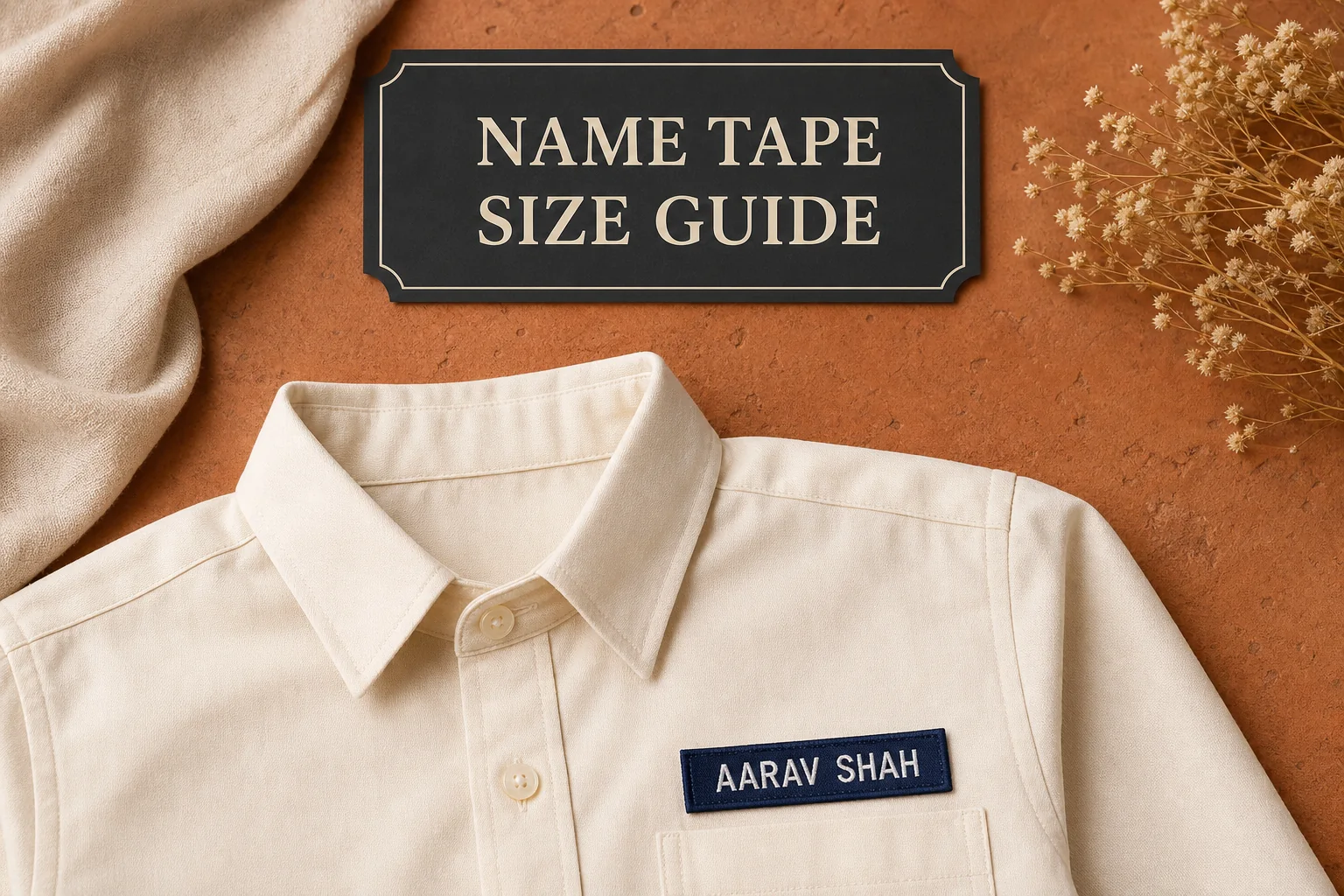 Navy woven name tape on a school uniform