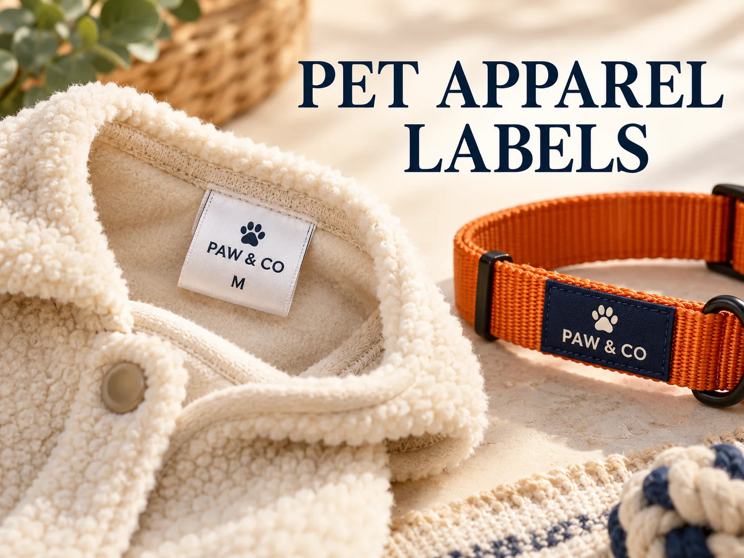 Cream pet jacket with a soft Paw & Co size label beside a collar with a woven brand tag.