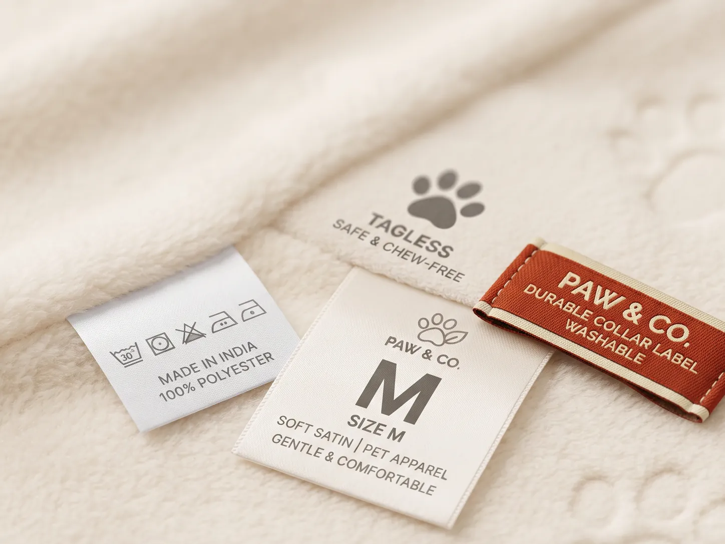 Custom Paw & Co pet apparel labels: a satin size-M label, a woven care label reading Made in India 100% polyester, and a durable orange collar tag on soft fleece
