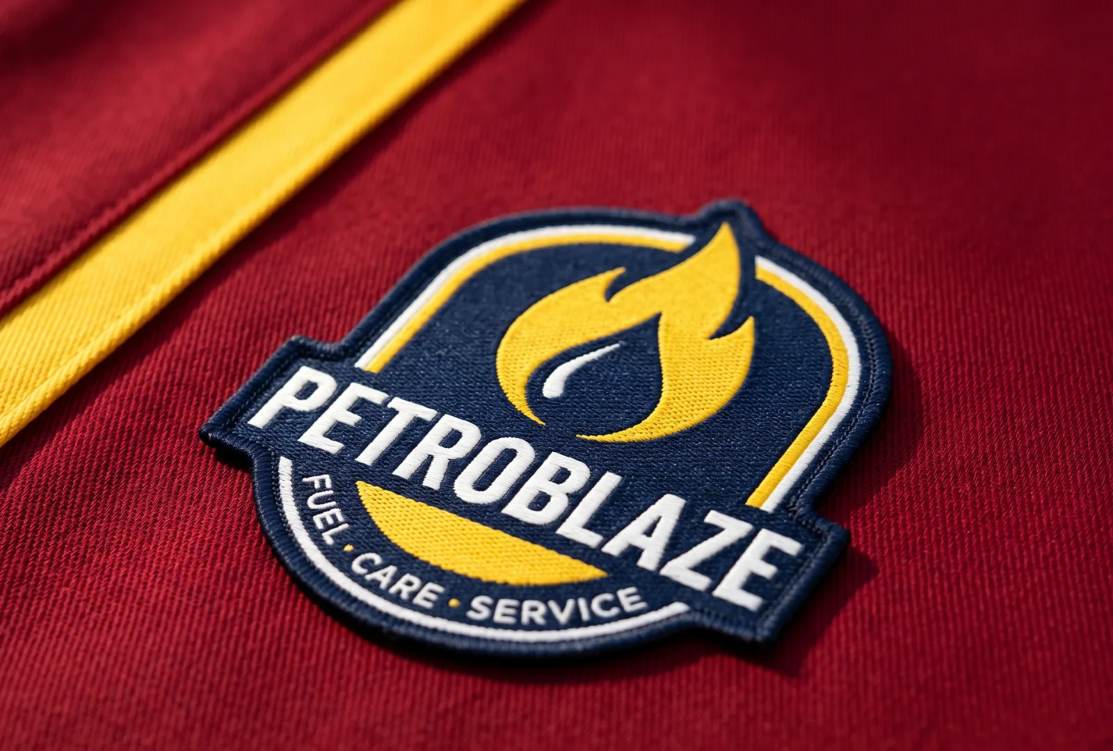 Embroidered Petroblaze Fuel · Care · Service shield patch with fuel-drop and flame emblem stitched onto a red and yellow attendant uniform — example of a petrol pump uniform label supplied in India