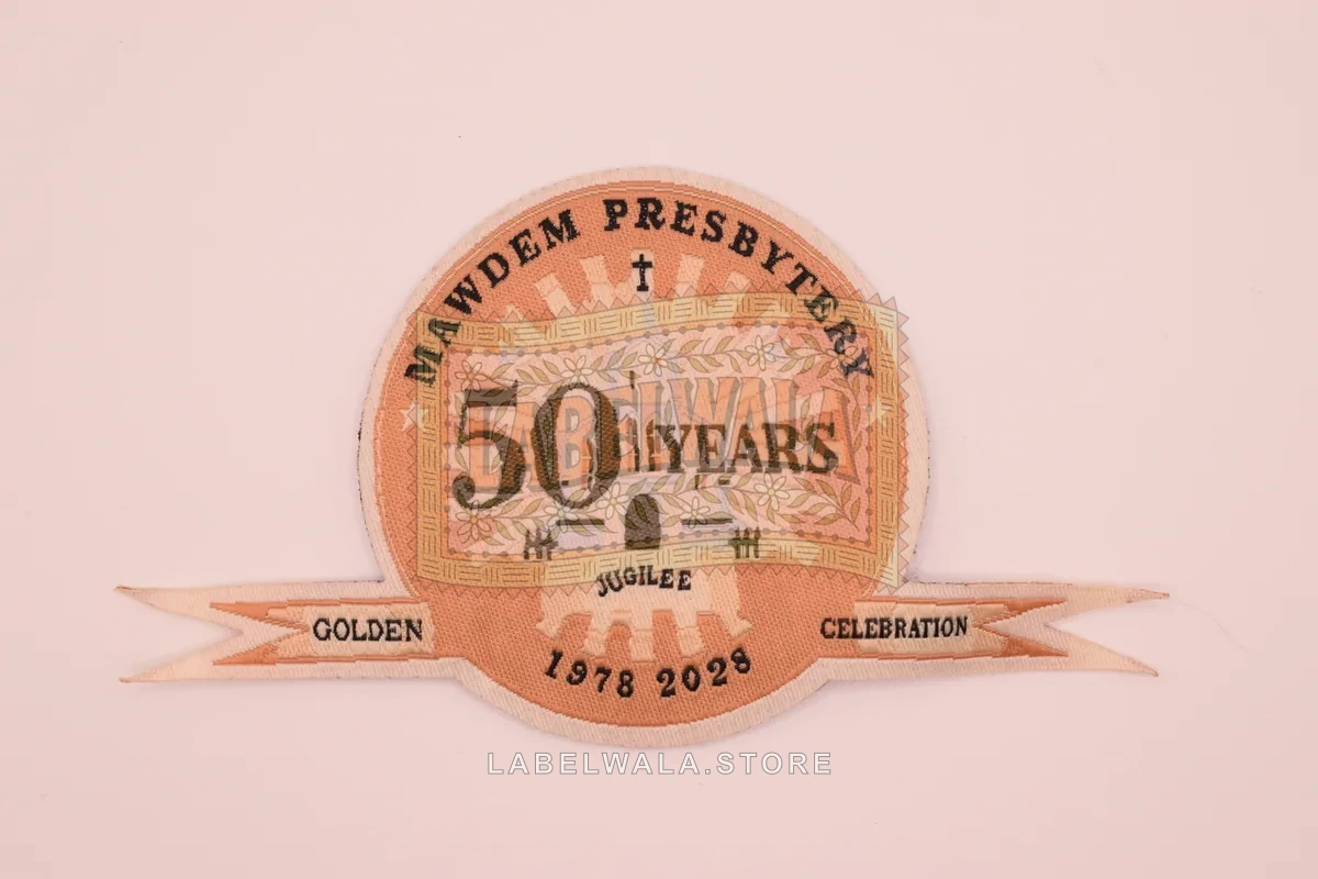 50Year woven die cut label, made in Ahmedabad: front view