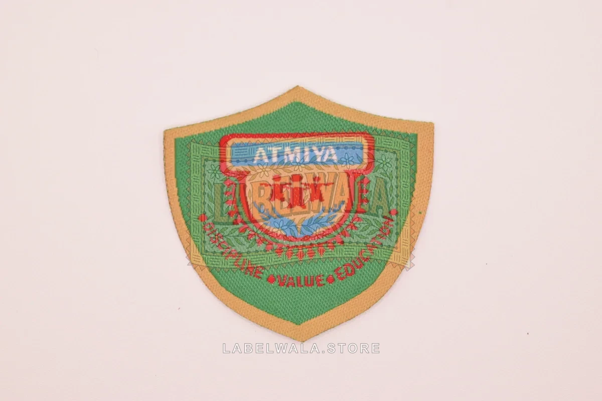 Atmiya woven die cut label, made in Ahmedabad: front view