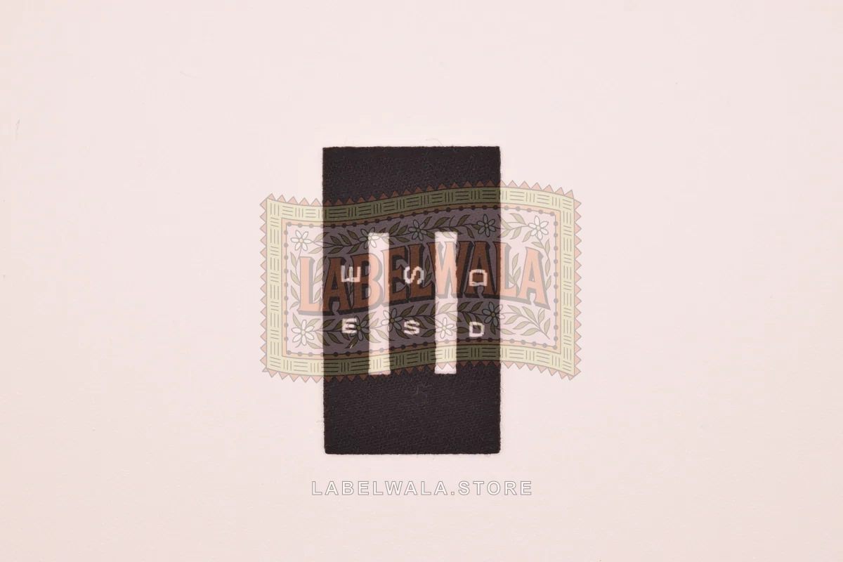 ESD woven die cut label, made in Ahmedabad: front view
