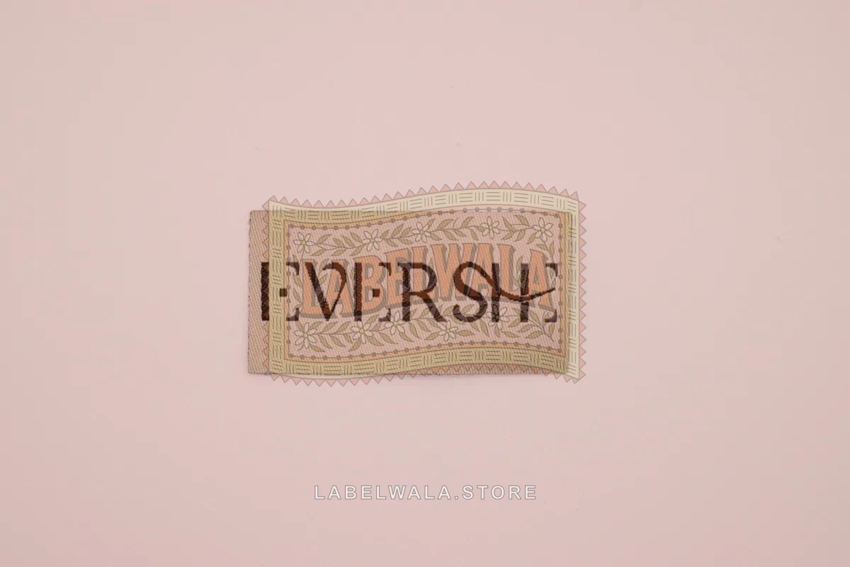 Evershe woven die cut label, made in Ahmedabad: front view