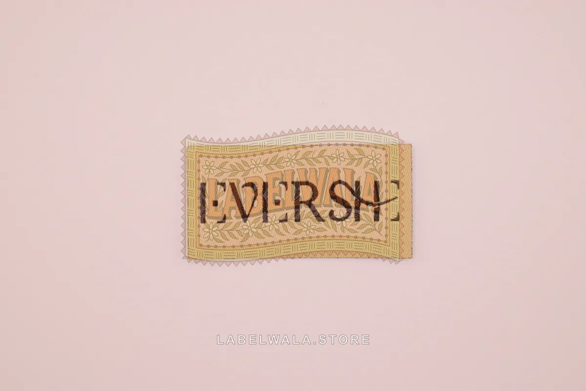 Evershee woven die cut label, made in Ahmedabad: front view