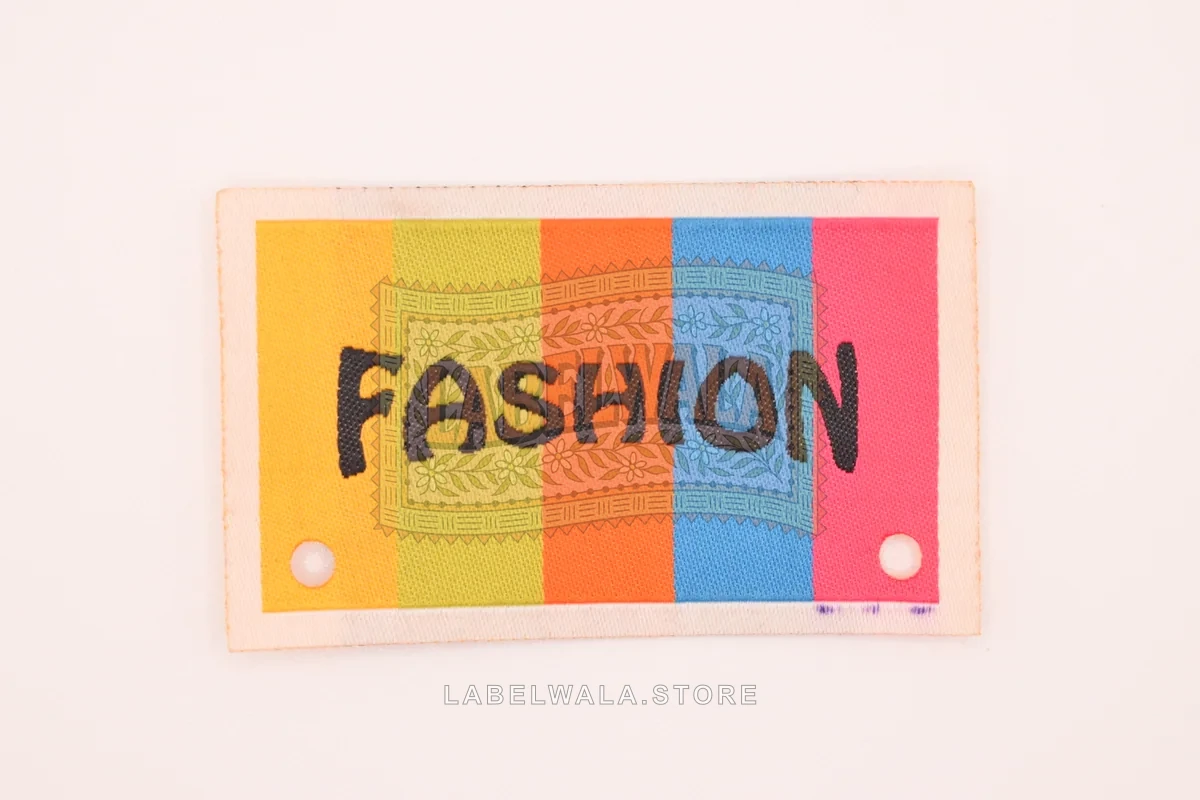 Fashion woven die cut label, made in Ahmedabad: front view
