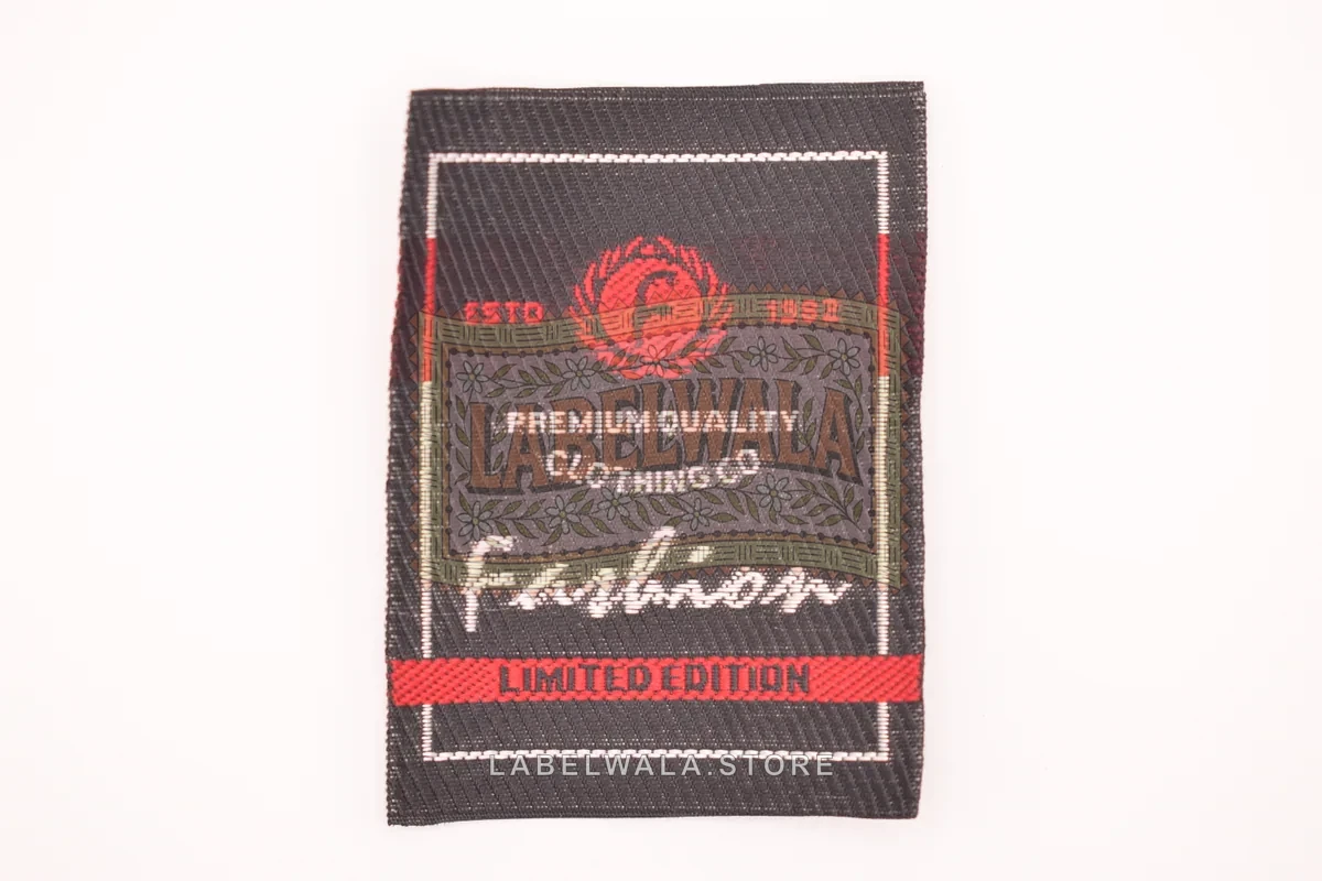 Fashionn woven die cut label, made in Ahmedabad: front view
