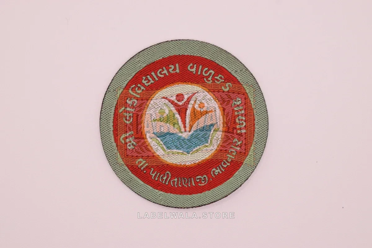 Gujarati School woven die cut label, made in Ahmedabad: front view
