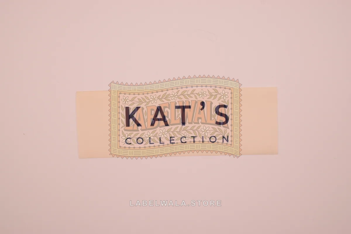 Kat's Collection satin die cut label, made in Ahmedabad: front view