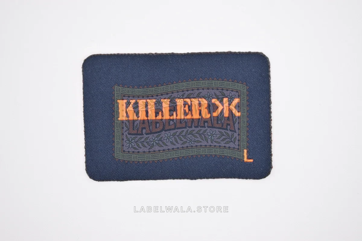 KillarX woven die cut label, made in Ahmedabad: front view