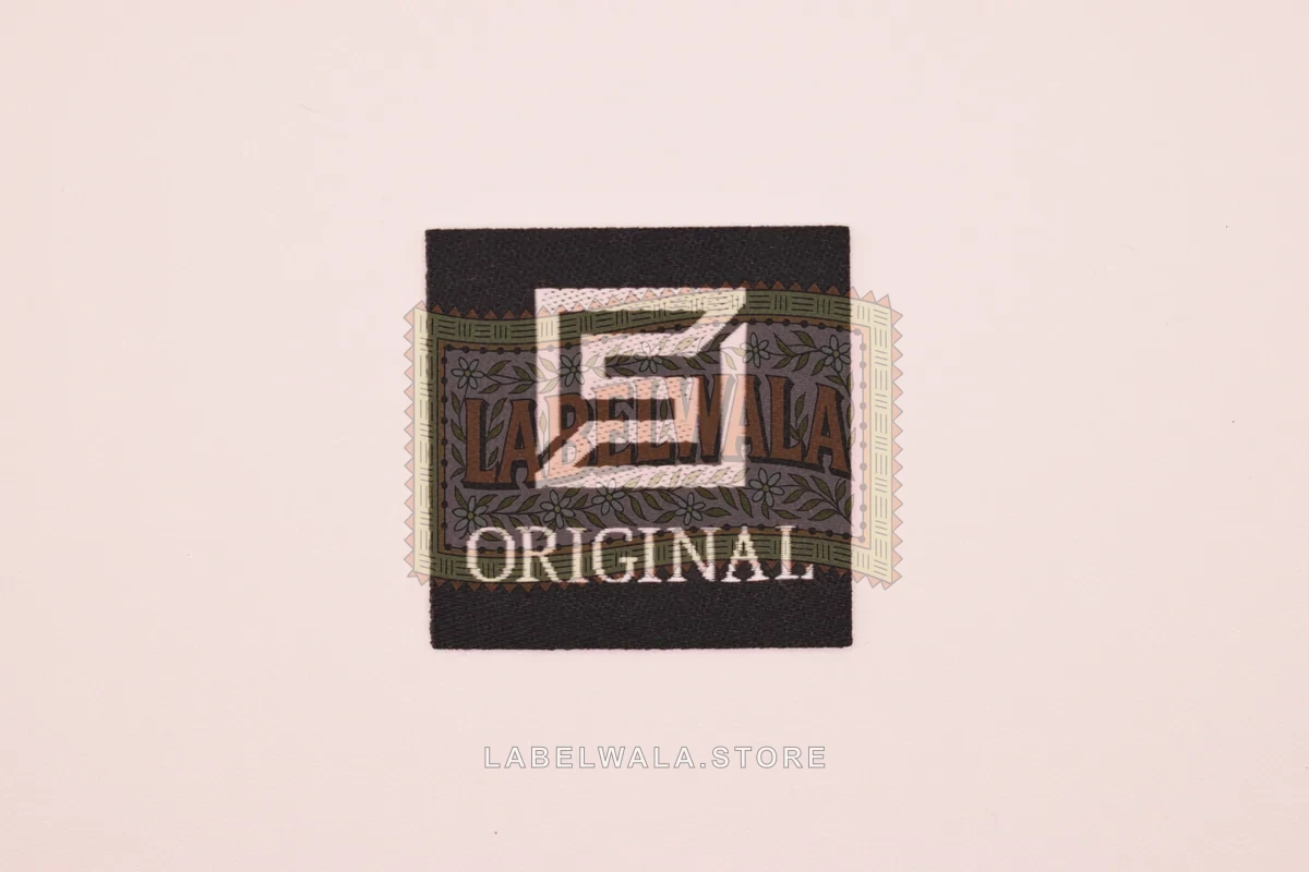 Original woven die cut label, made in Ahmedabad: front view