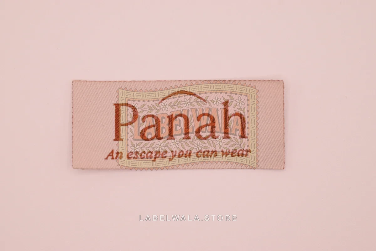 Panah woven die cut label, made in Ahmedabad: front view