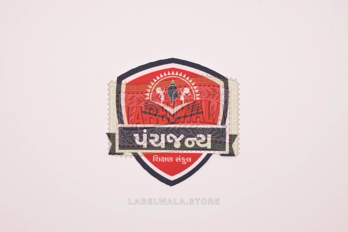 Panchjagya woven die cut label, made in Ahmedabad: front view