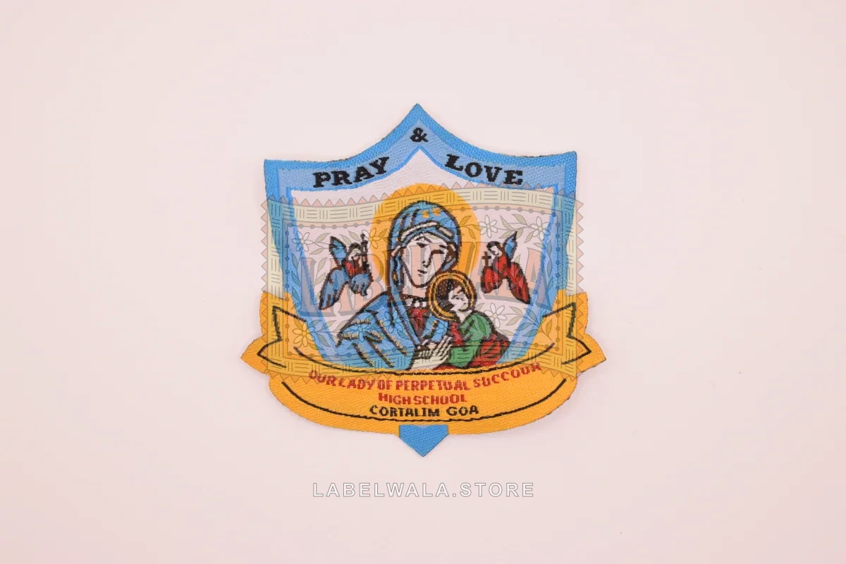 Pray woven die cut label, made in Ahmedabad: front view
