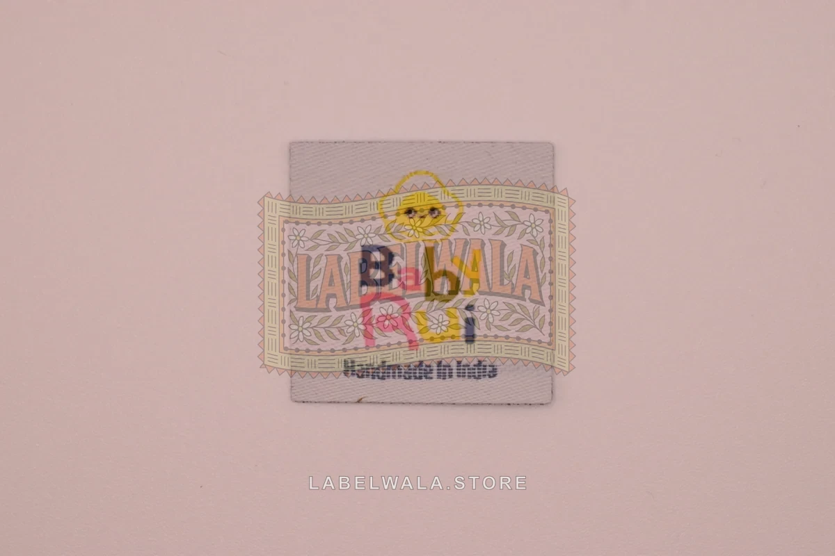 Rabyrui woven die cut label, made in Ahmedabad: front view