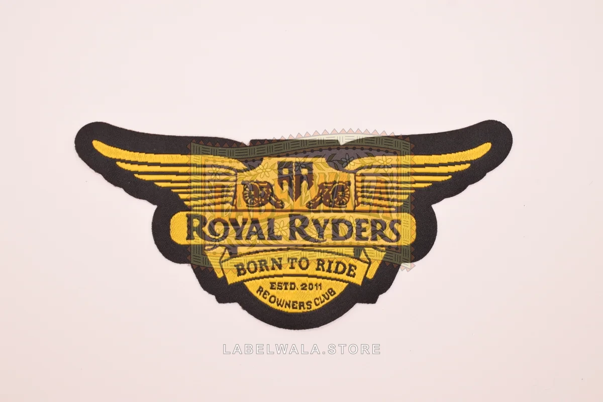Royal woven die cut label, made in Ahmedabad: front view