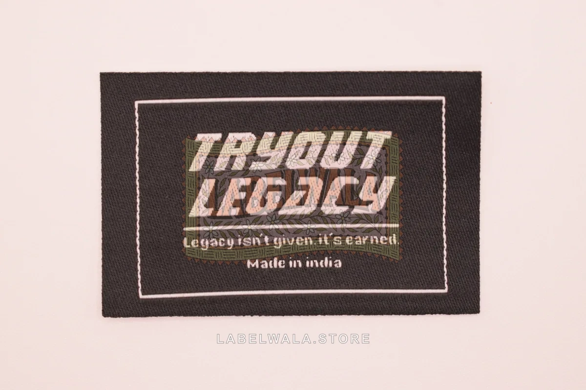 TRY woven die cut label, made in Ahmedabad: front view