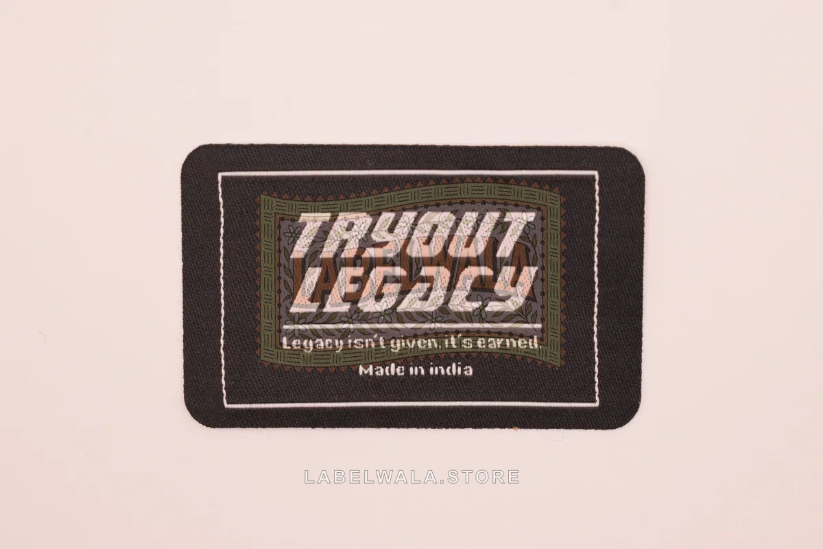 TryBack woven die cut label, made in Ahmedabad: front view