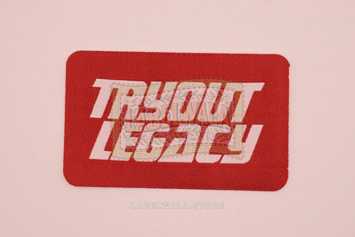 Tryour woven die cut label, made in Ahmedabad: front view