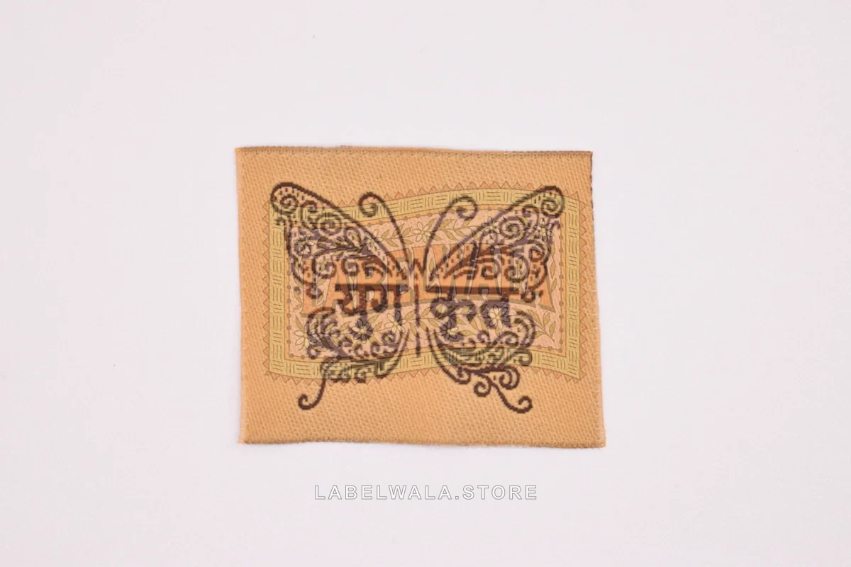 Yugkrut woven die cut label, made in Ahmedabad: front view