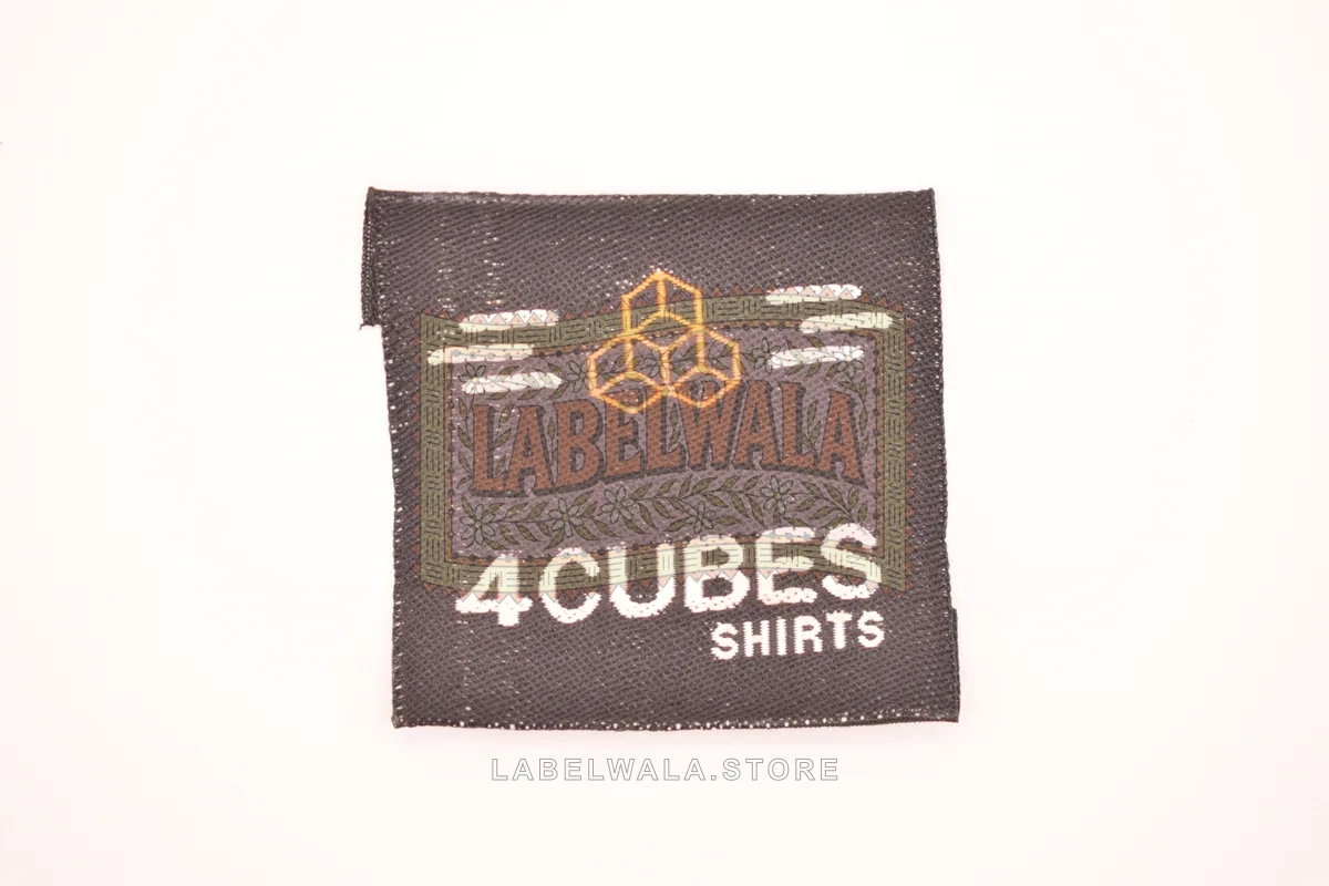 4cubes woven end fold label, made in Ahmedabad: front view