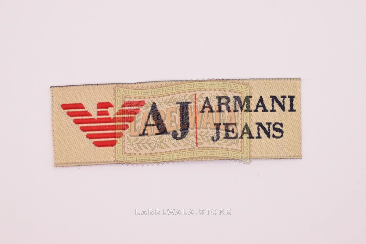 AJ woven end fold label, made in Ahmedabad: front view