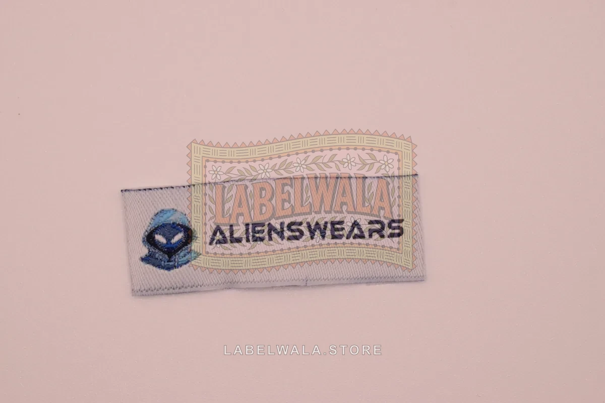 Aliencs woven end fold label, made in Ahmedabad: front view