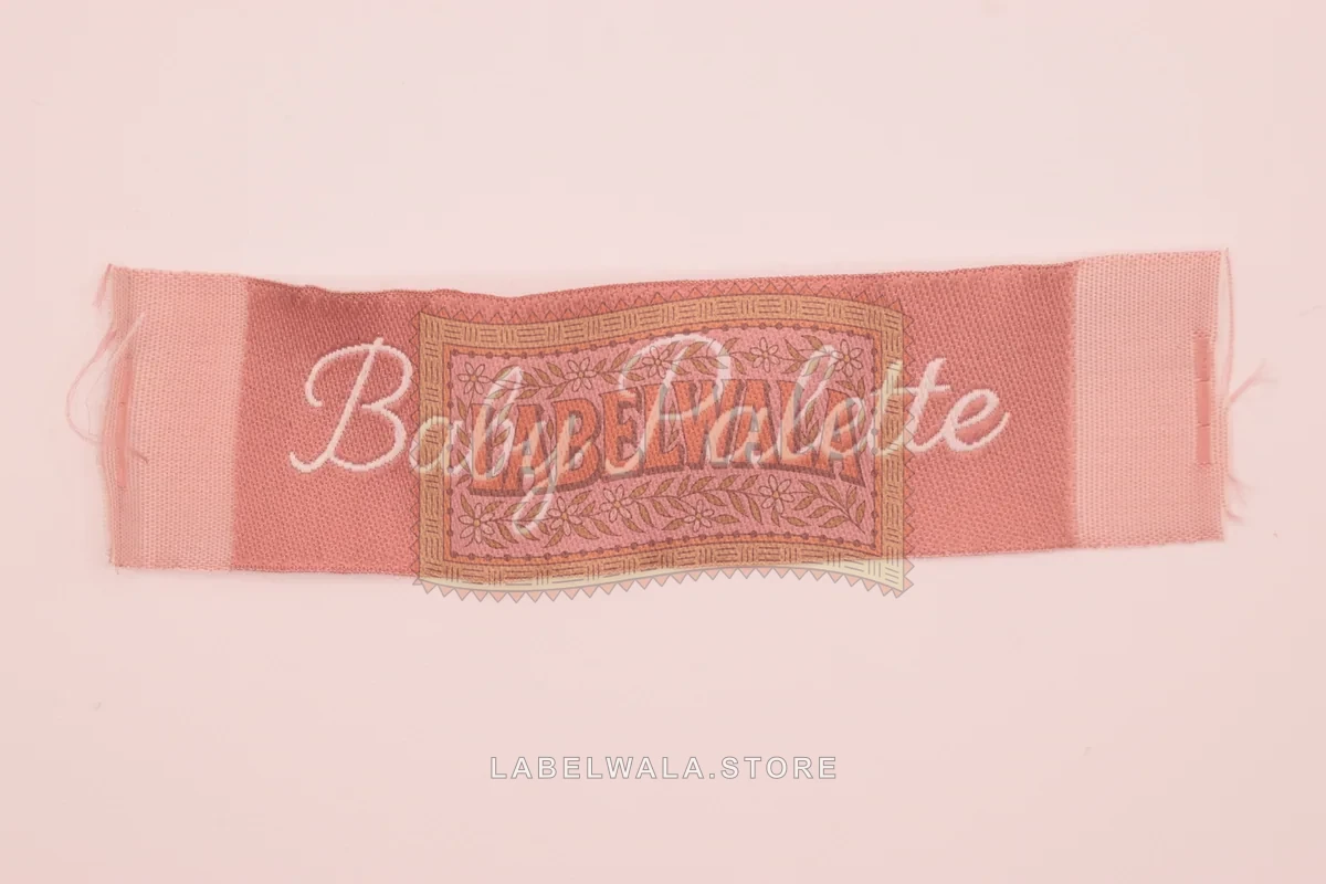 Baby woven end fold label, made in Ahmedabad: front view