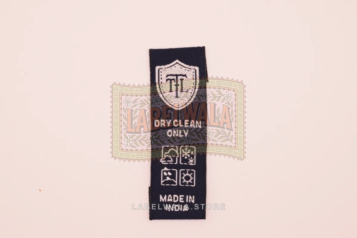 Dryclear woven end fold label, made in Ahmedabad: front view
