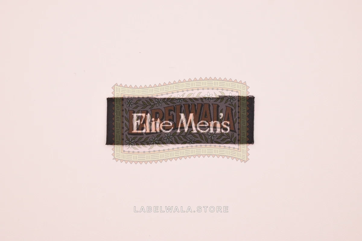 Elitemens woven end fold label, made in Ahmedabad: front view