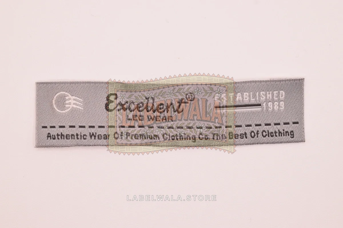 Excellent woven end fold label, made in Ahmedabad: front view
