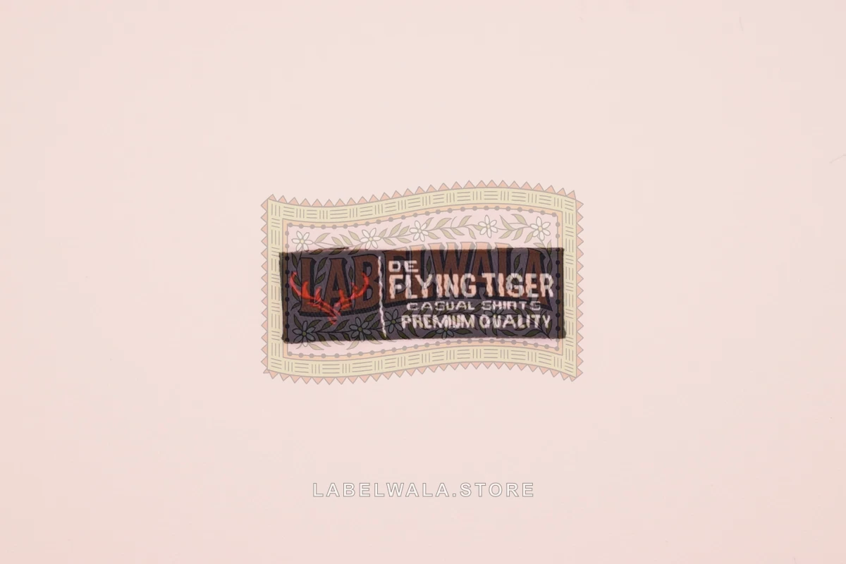 Flying woven end fold label, made in Ahmedabad: front view