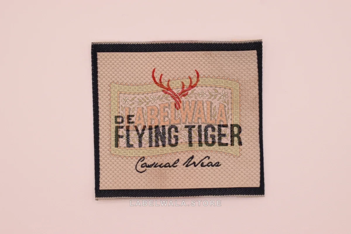 Flying Tiger woven end fold label, made in Ahmedabad: front view