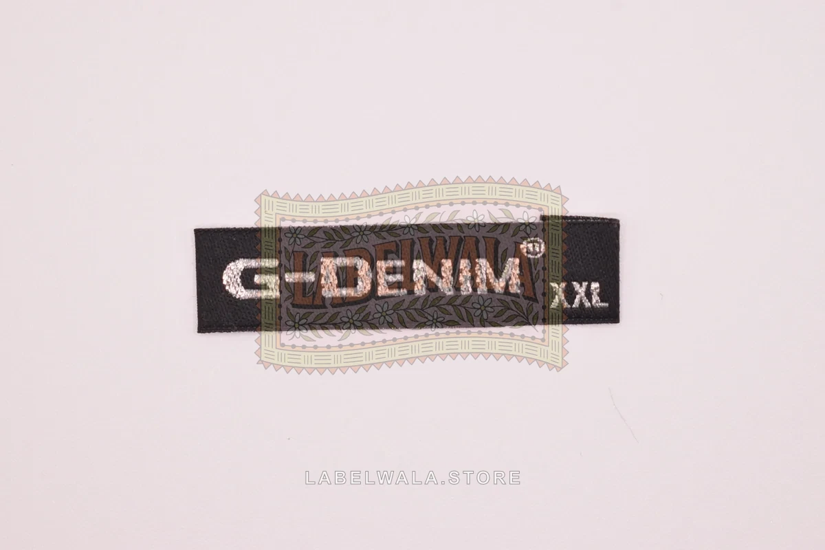 G Denim woven end fold label, made in Ahmedabad: front view