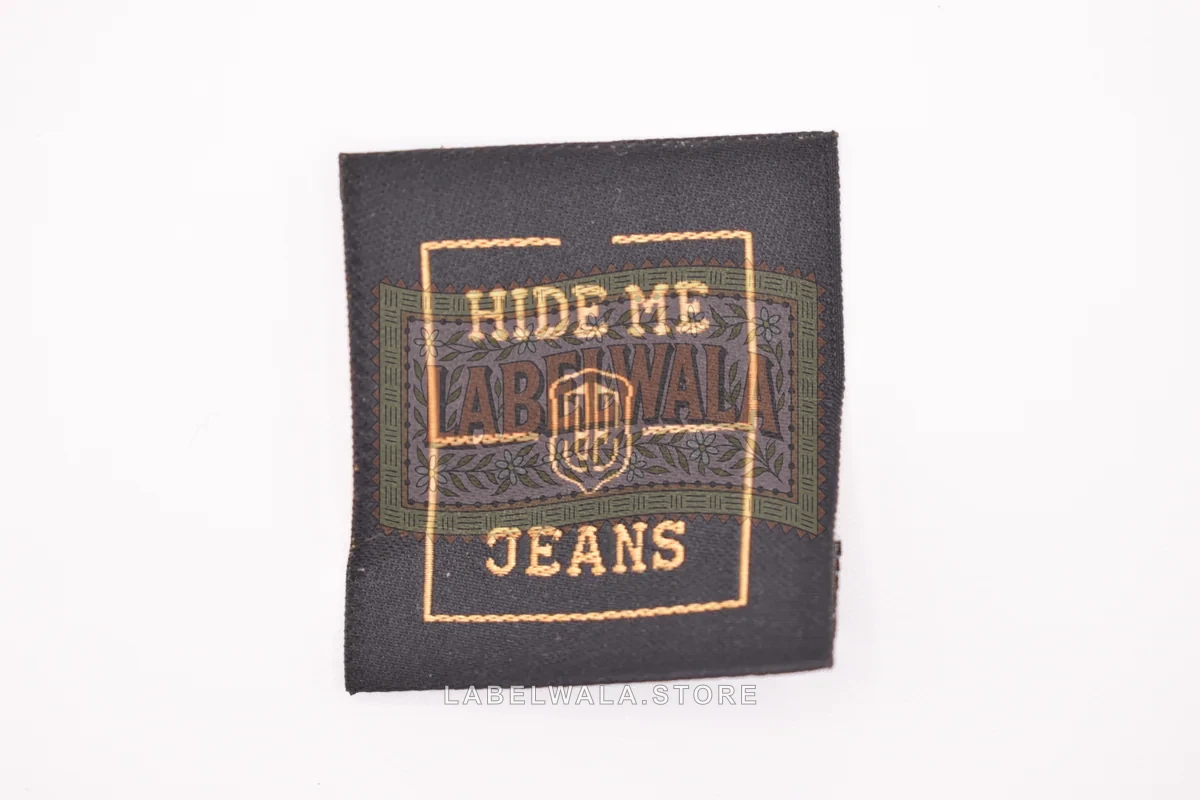 Hideme woven end fold label, made in Ahmedabad: front view