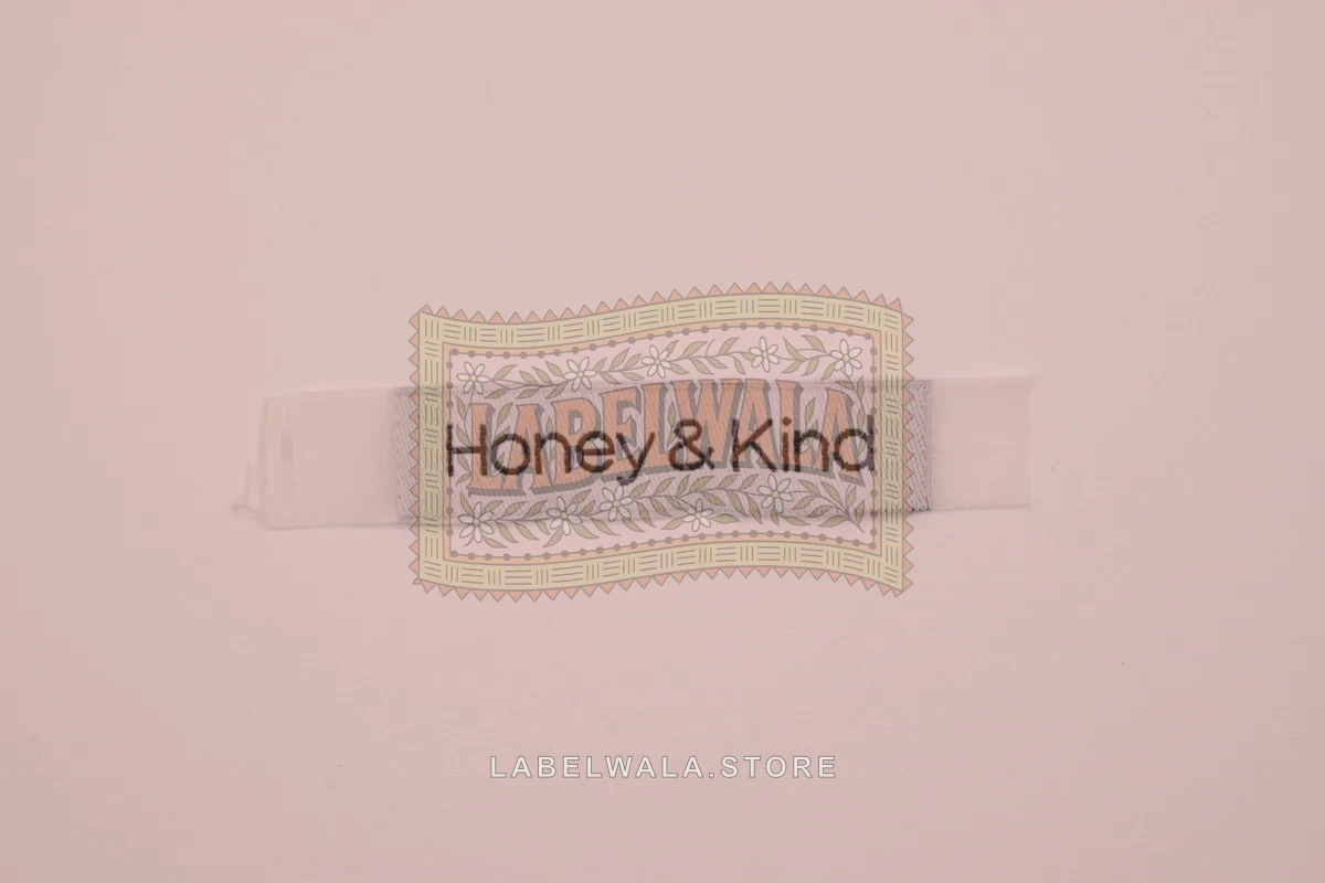 Honey woven end fold label, made in Ahmedabad: front view