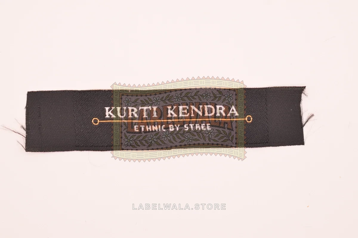 Kurti Kendra woven end fold label, made in Ahmedabad: front view