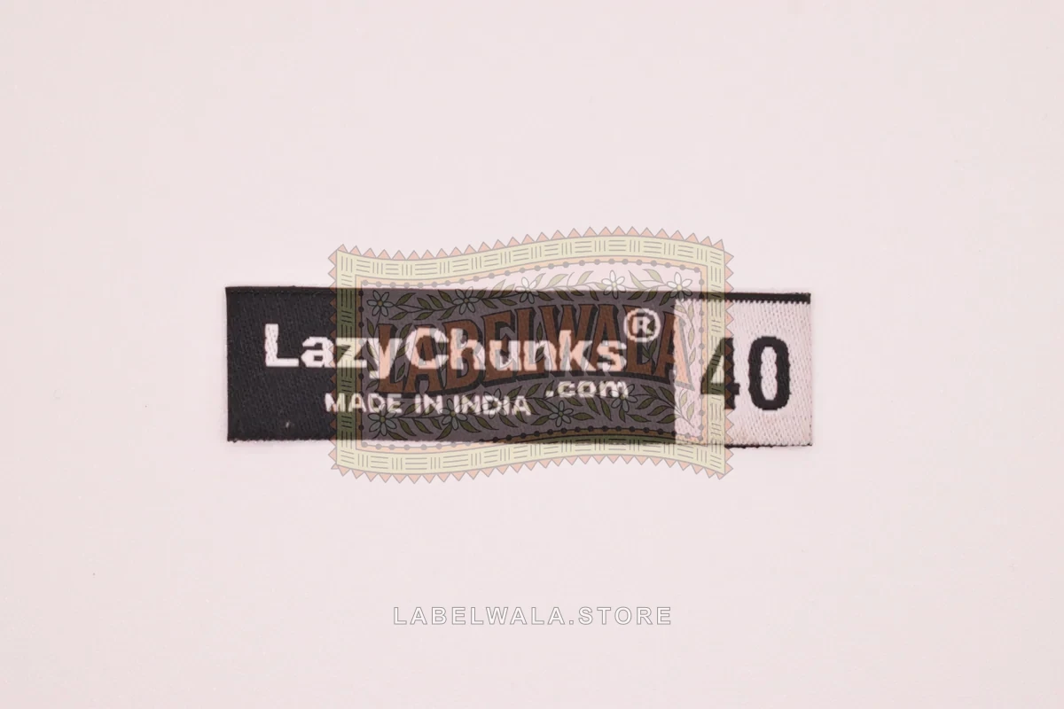 Lazychunks woven end fold label, made in Ahmedabad: front view