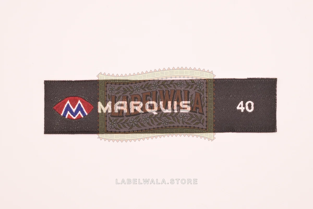 Marguie woven end fold label, made in Ahmedabad: front view
